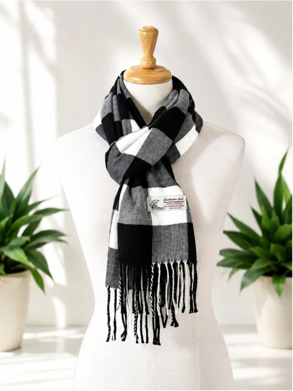 New Black & White Buffalo Plaid Fringe Scarf – Unisex – 72” x 12”